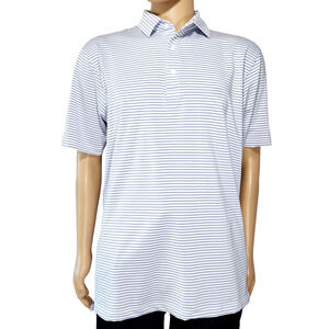 Straight Down Golf Mens Large Polo Shirt Blue Striped 32 Winds Wine Logo